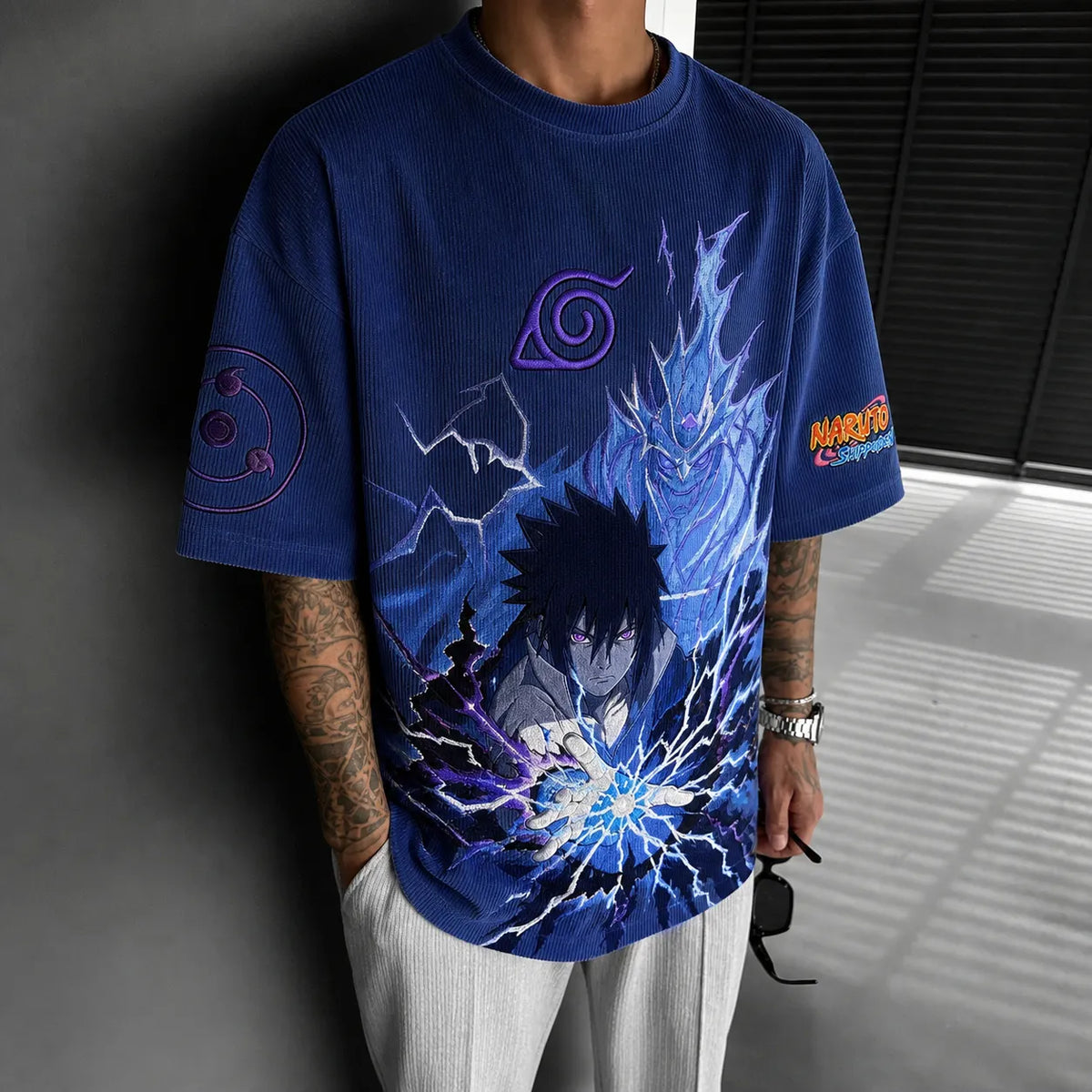 Naruto Unisex Oversized Anime-Print Vertical-Stripe Short-Sleeve T-Shirt