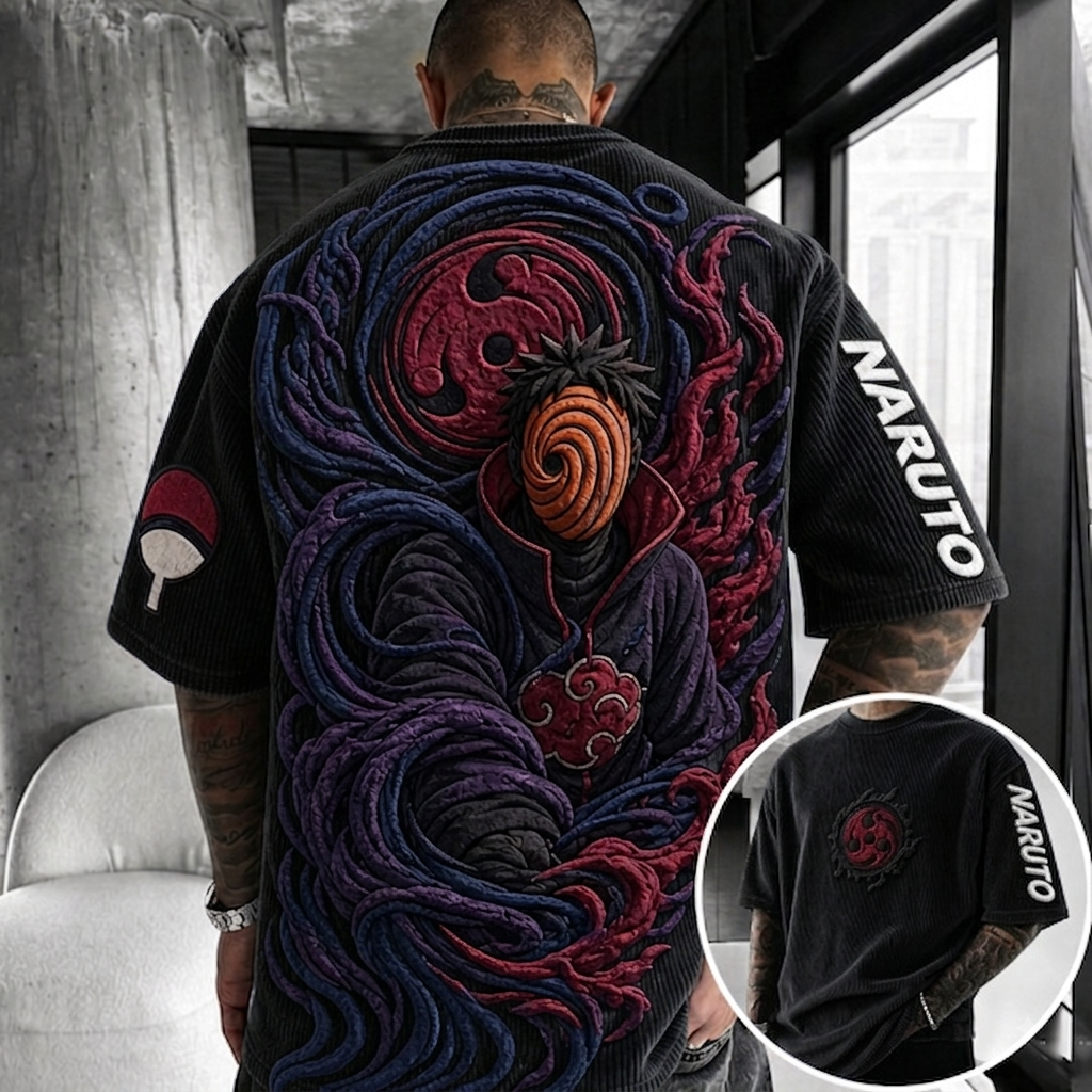 Naruto Unisex Anime-Style Retro Corduroy Oversized T-Shirt