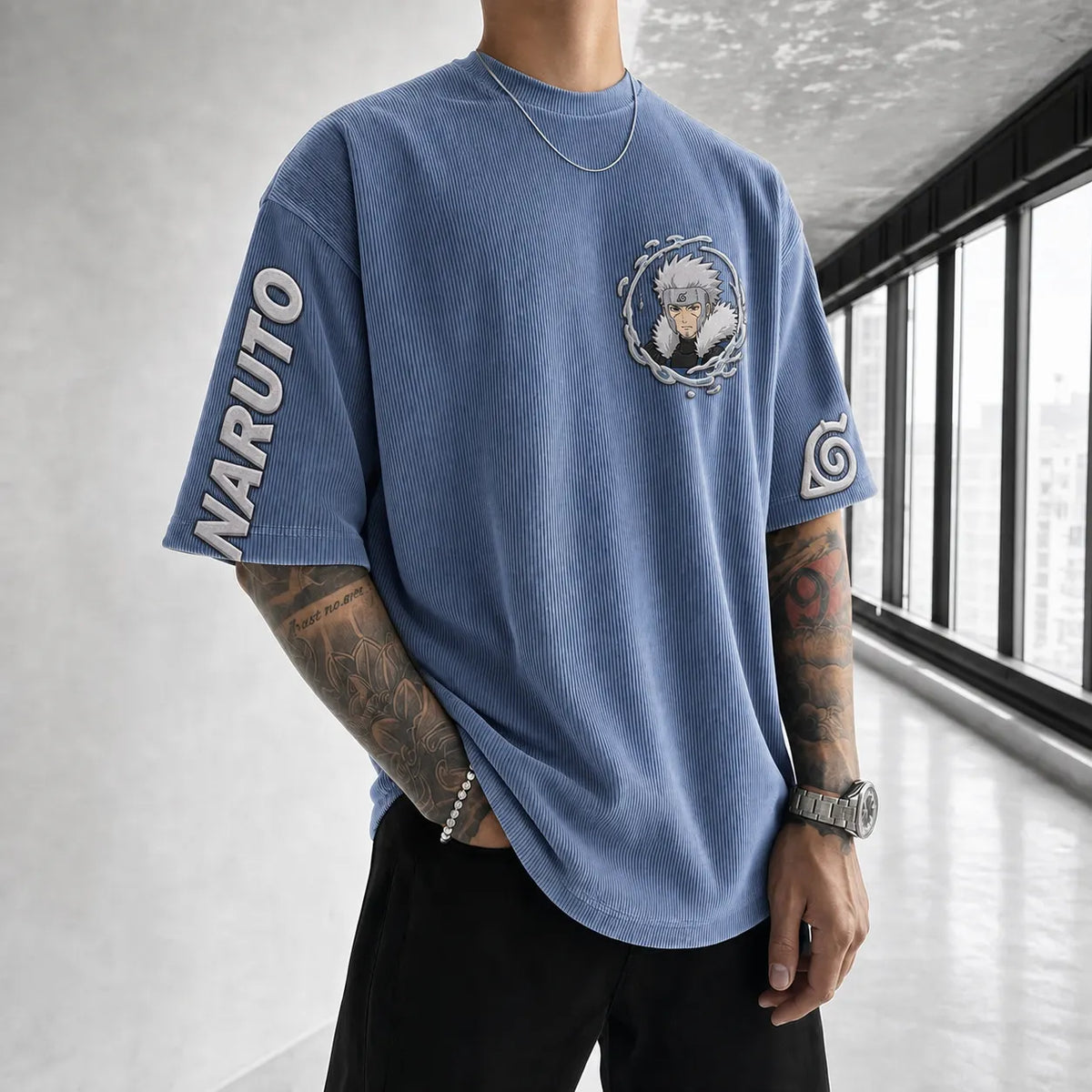 Naruto Unisex Anime-Style Retro Corduroy Oversized T-Shirt
