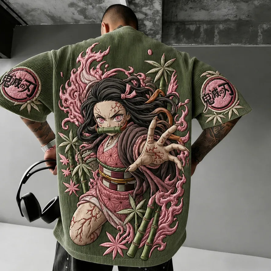 Demon Slayer Unisex Oversized Anime-Print Vertical-Stripe Short-Sleeve T-Shirt