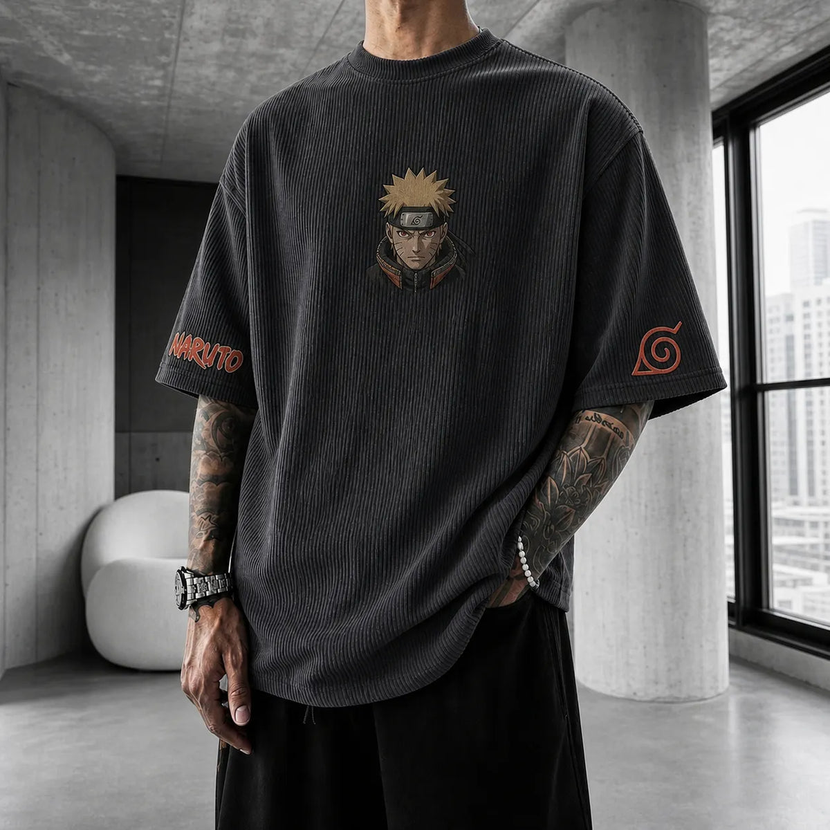 Naruto Unisex Anime-Style Retro Corduroy Oversized T-Shirt