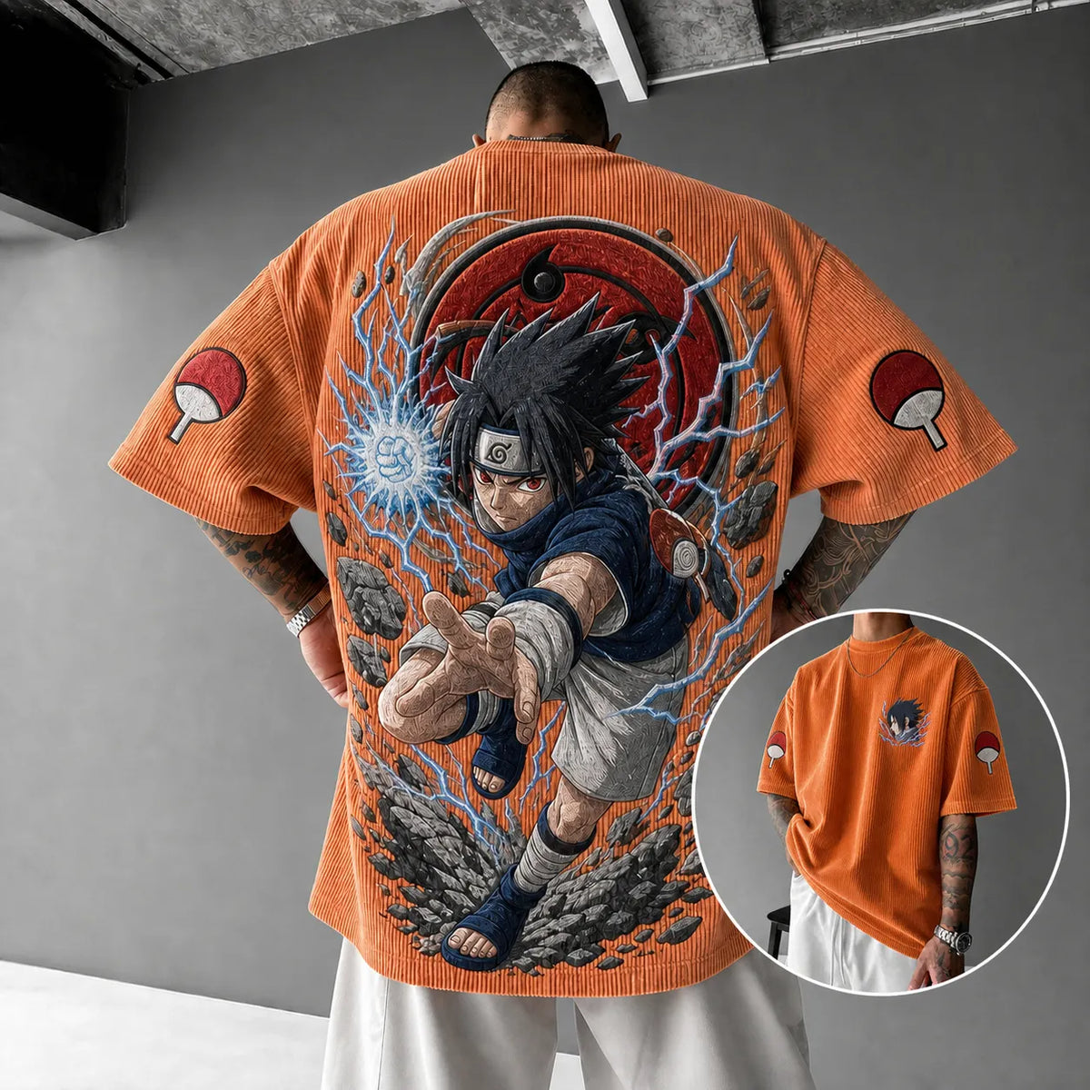 Naruto Unisex Oversized Anime-Print Vertical-Stripe Short-Sleeve T-Shirt