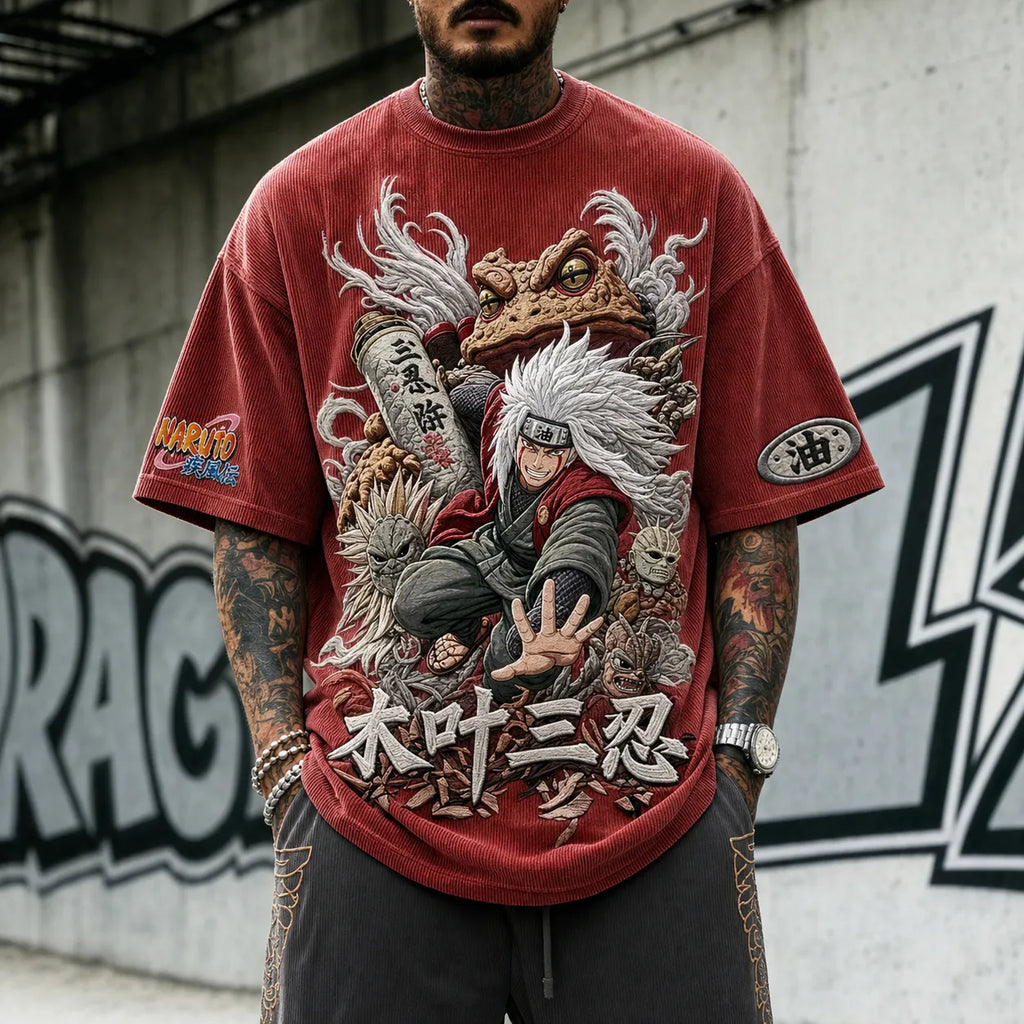 Naruto Unisex Oversized Anime-Print Vertical-Stripe Short-Sleeve T-Shirt