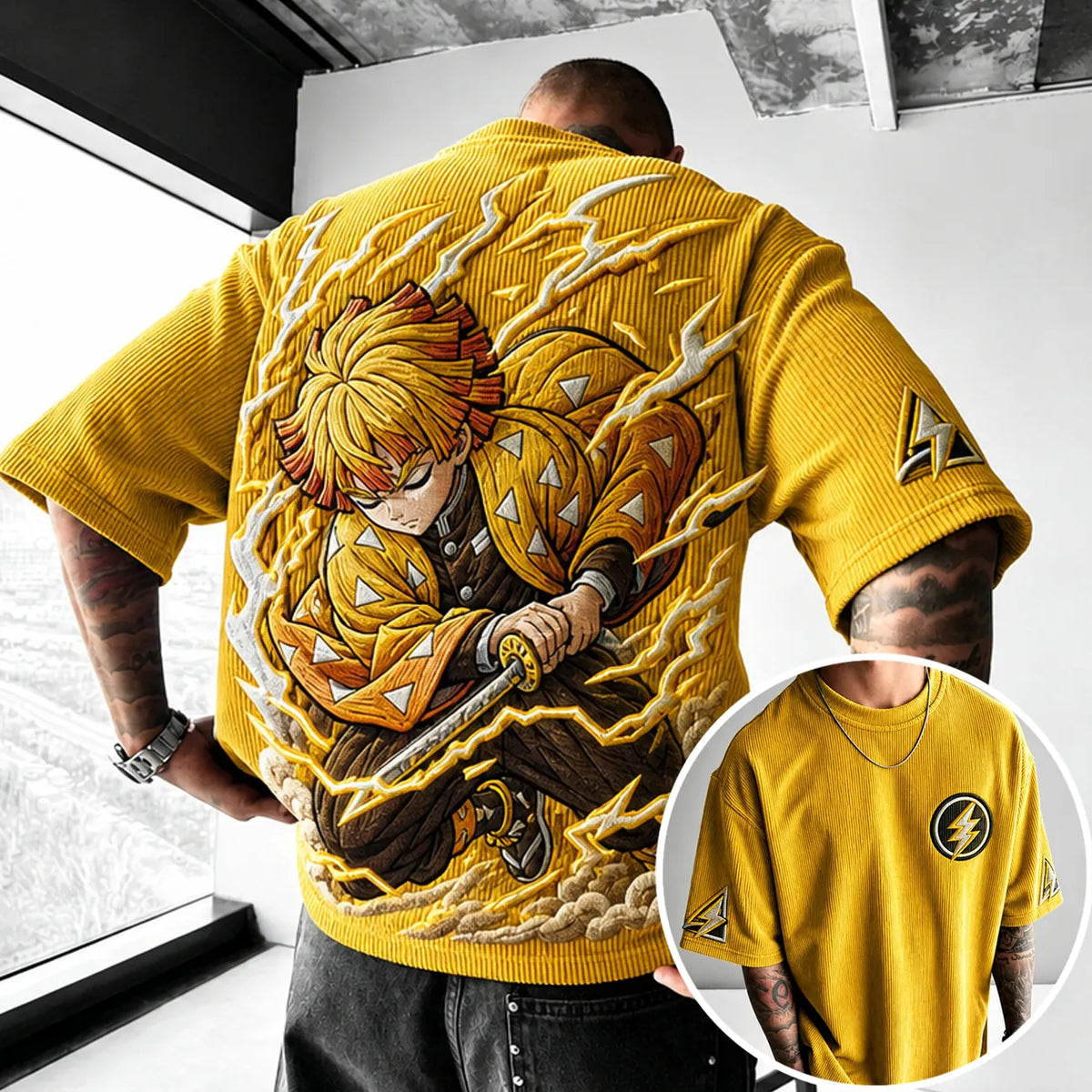 Demon Slayer Unisex Anime-Style Retro Corduroy Oversized T-Shirt