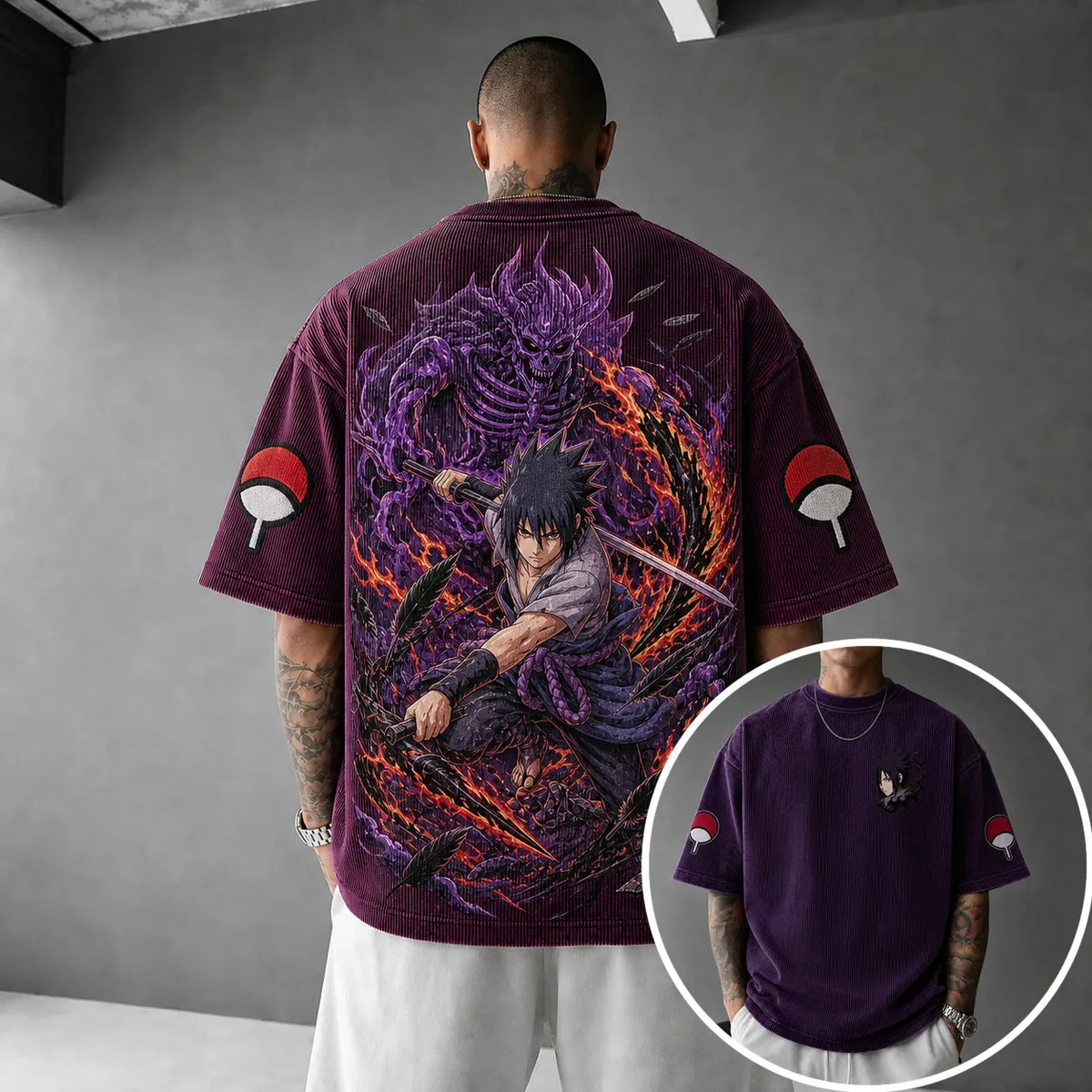 Naruto Unisex Oversized Anime-Print Vertical-Stripe Short-Sleeve T-Shirt