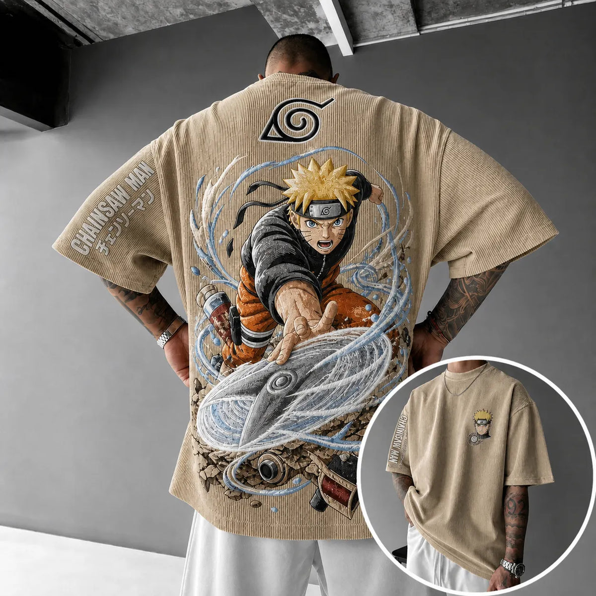 Naruto Unisex Oversized Anime-Print Vertical-Stripe Short-Sleeve T-Shirt