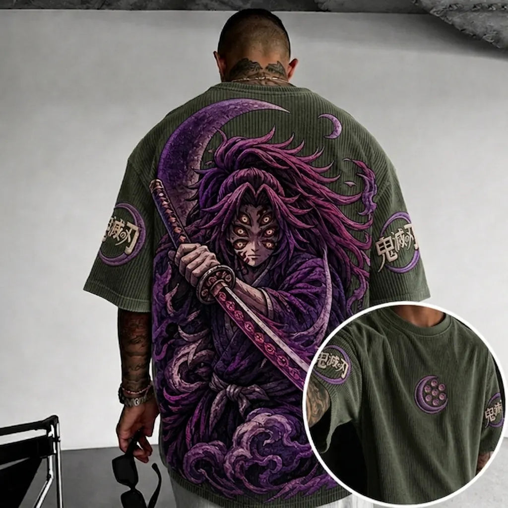 Demon Slayer Unisex Oversized Anime-Print Vertical-Stripe Short-Sleeve T-Shirt