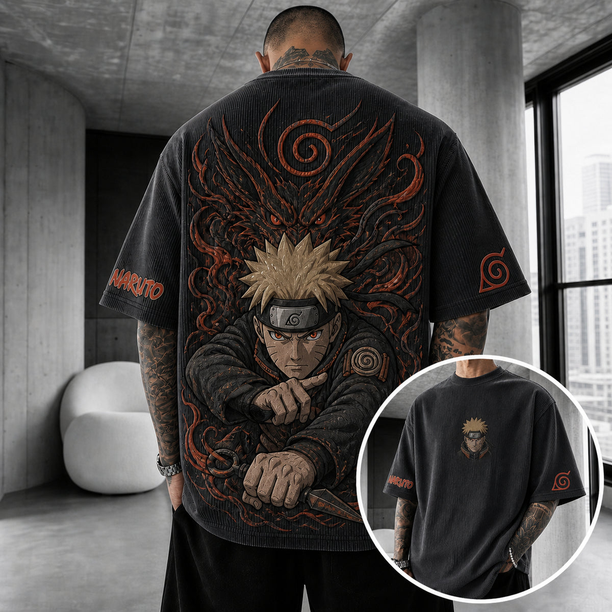 Naruto Unisex Anime-Style Retro Corduroy Oversized T-Shirt