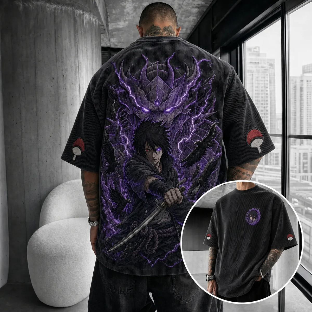 Naruto Unisex Oversized Anime-Print Vertical-Stripe Short-Sleeve T-Shirt