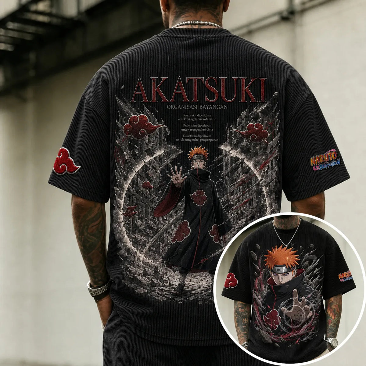 Naruto Unisex Oversized Anime-Print Vertical-Stripe Short-Sleeve T-Shirt