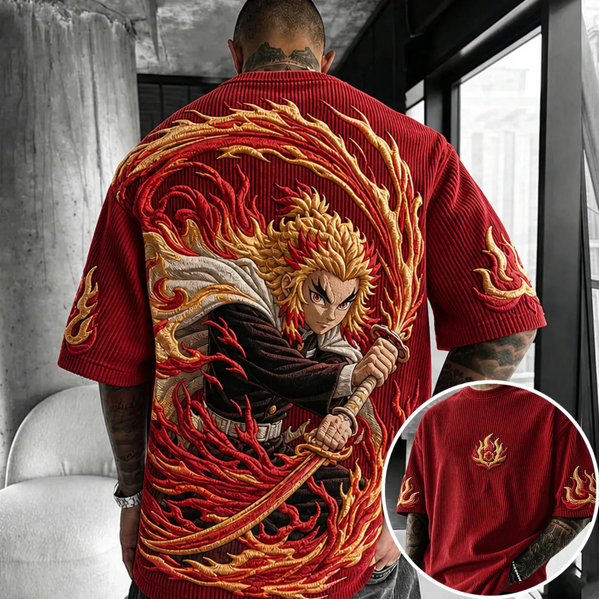 Demon Slayer Unisex Anime-Style Retro Corduroy Oversized T-Shirt