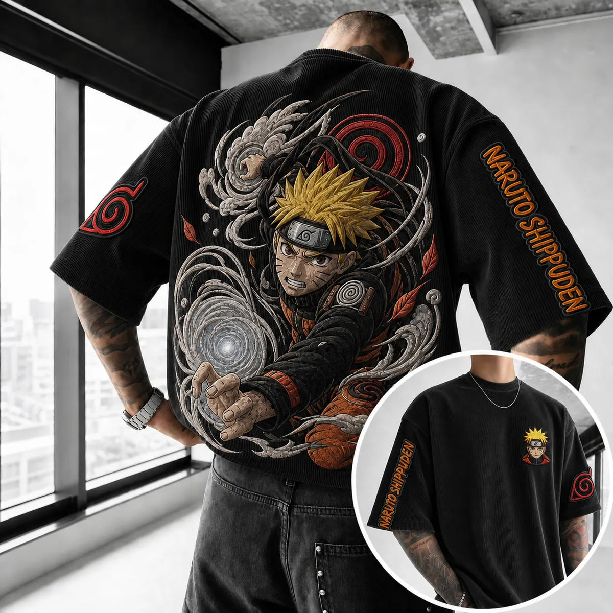 Naruto Unisex Anime-Style Retro Corduroy Oversized T-Shirt