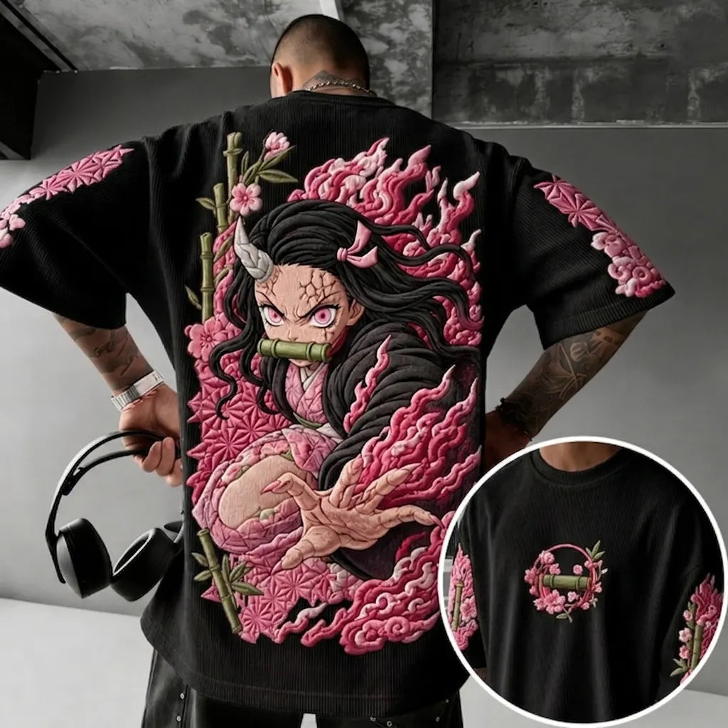 Demon Slayer Unisex Anime-Style Retro Corduroy Oversized T-Shirt