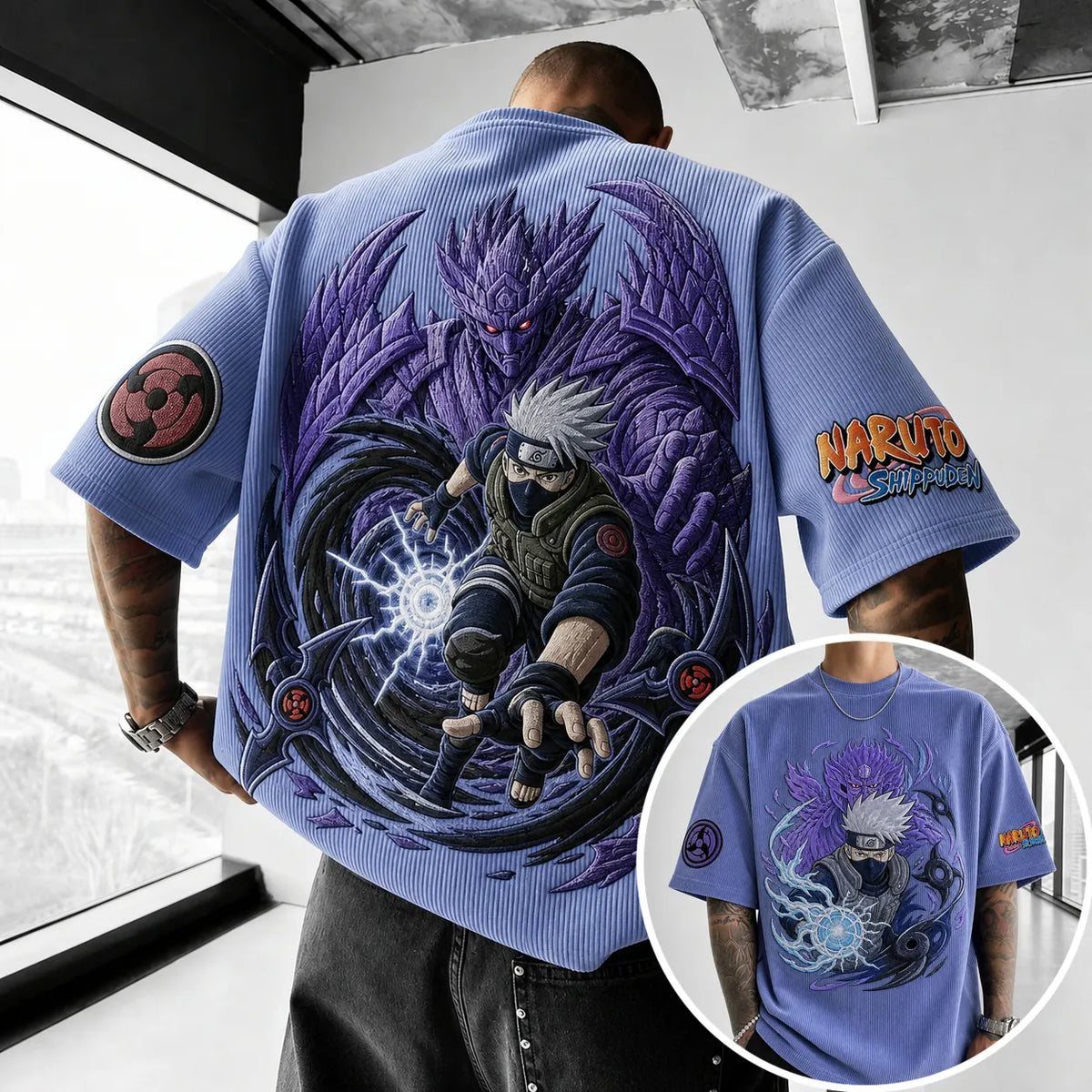 Naruto Unisex Oversized Anime-Print Vertical-Stripe Short-Sleeve T-Shirt