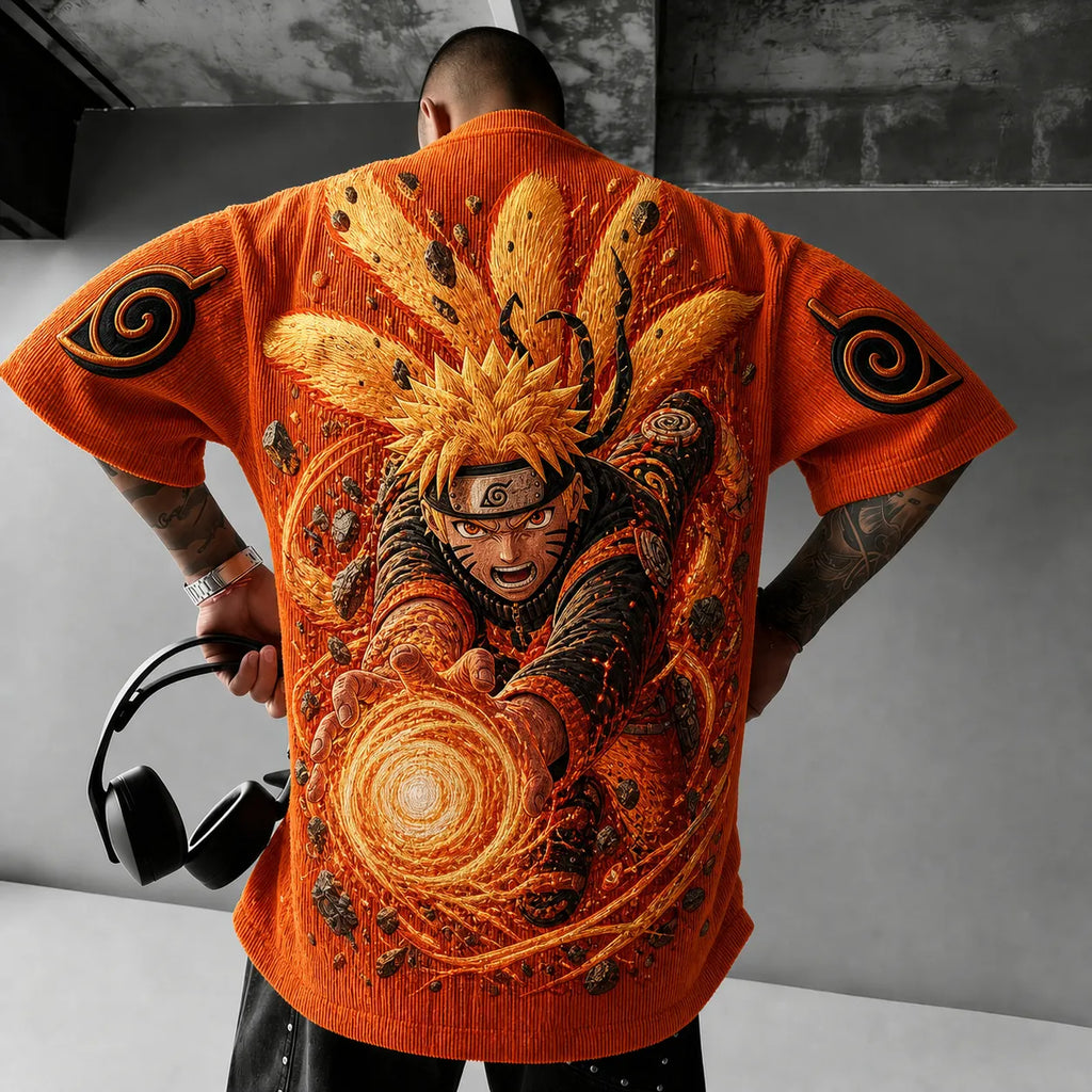 Naruto Unisex Oversized Anime-Print Vertical-Stripe Short-Sleeve T-Shirt