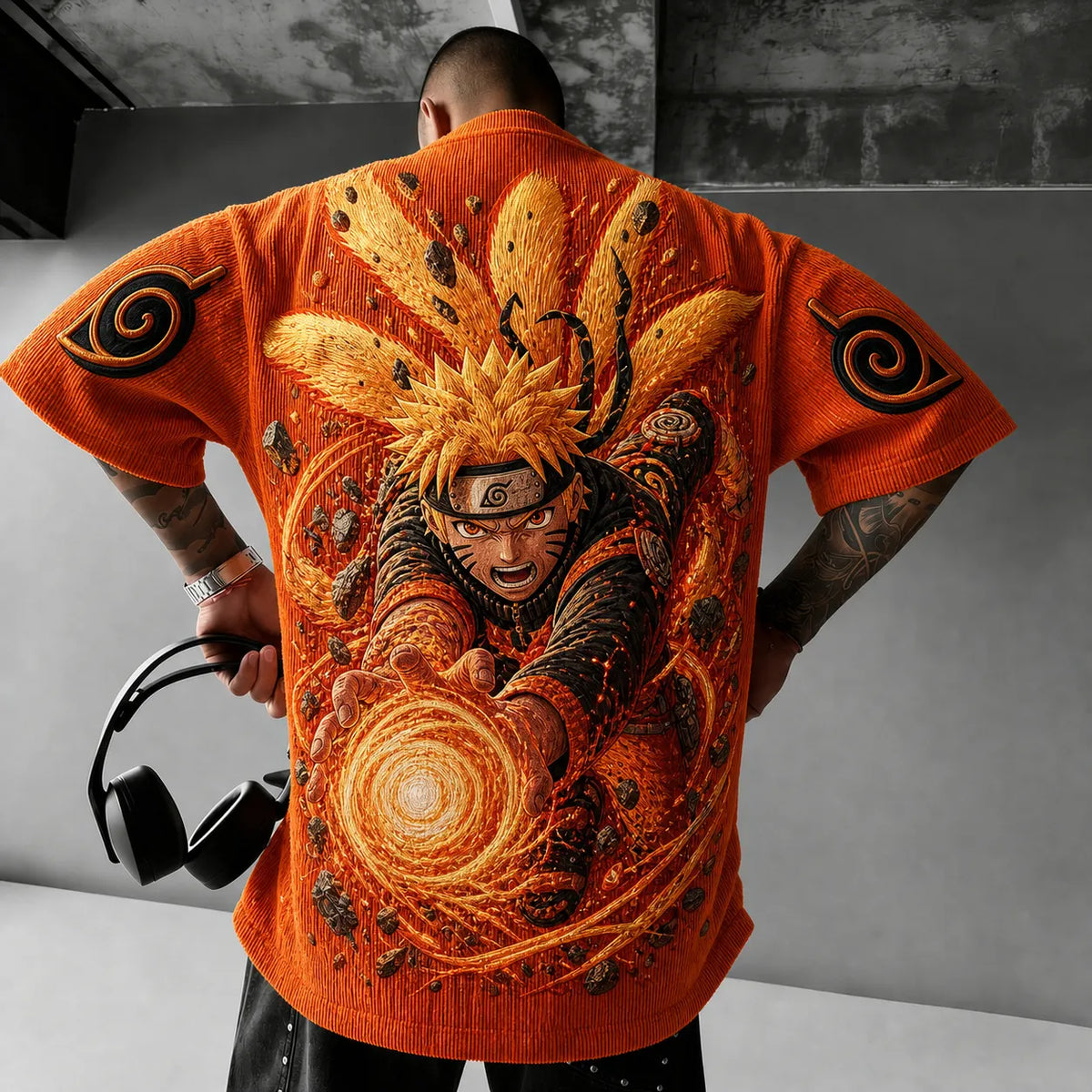 Naruto Unisex Oversized Anime-Print Vertical-Stripe Short-Sleeve T-Shirt
