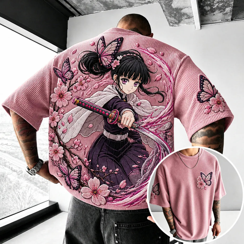 Demon Slayer Unisex Anime-Style Retro Corduroy Oversized T-Shirt