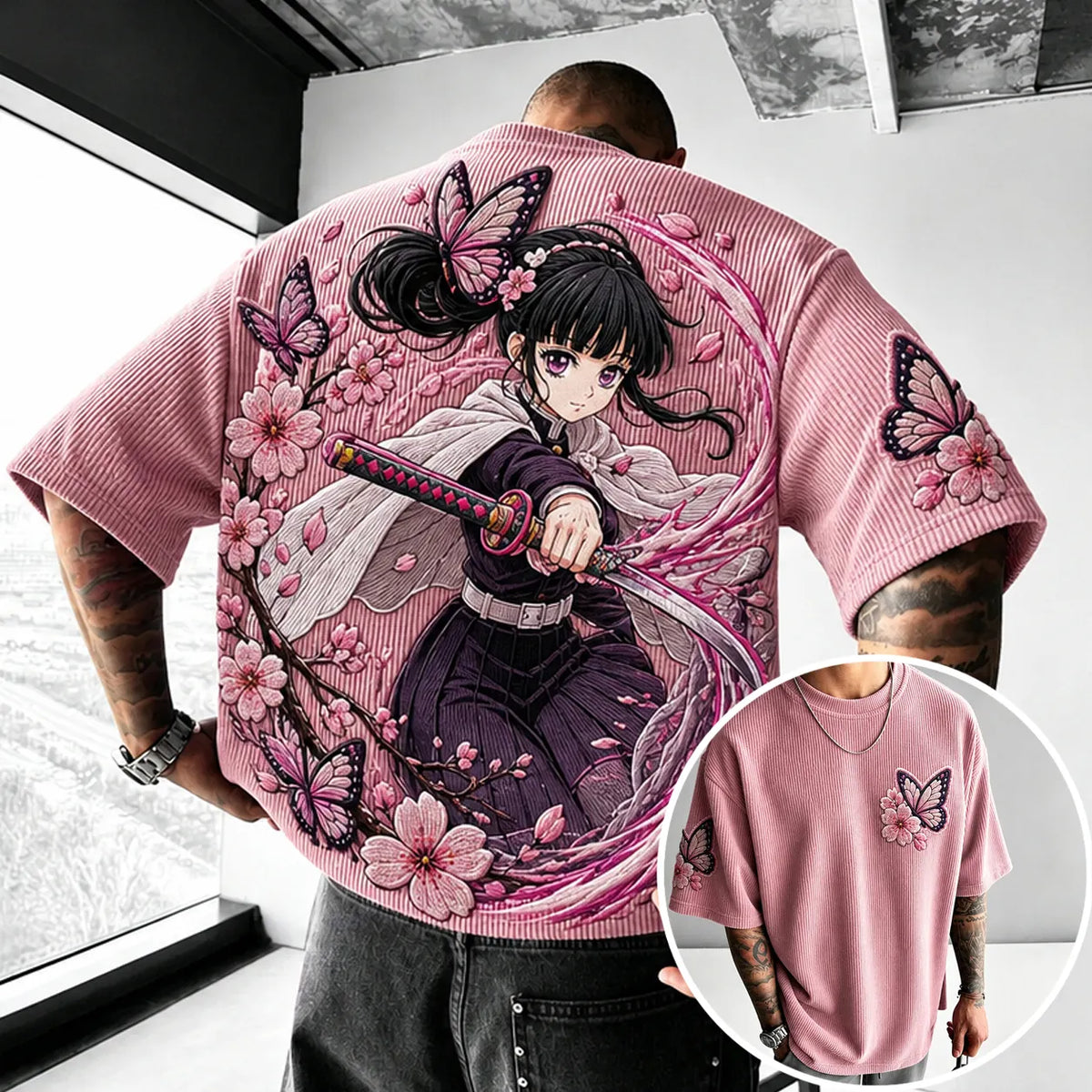 Demon Slayer Unisex Anime-Style Retro Corduroy Oversized T-Shirt