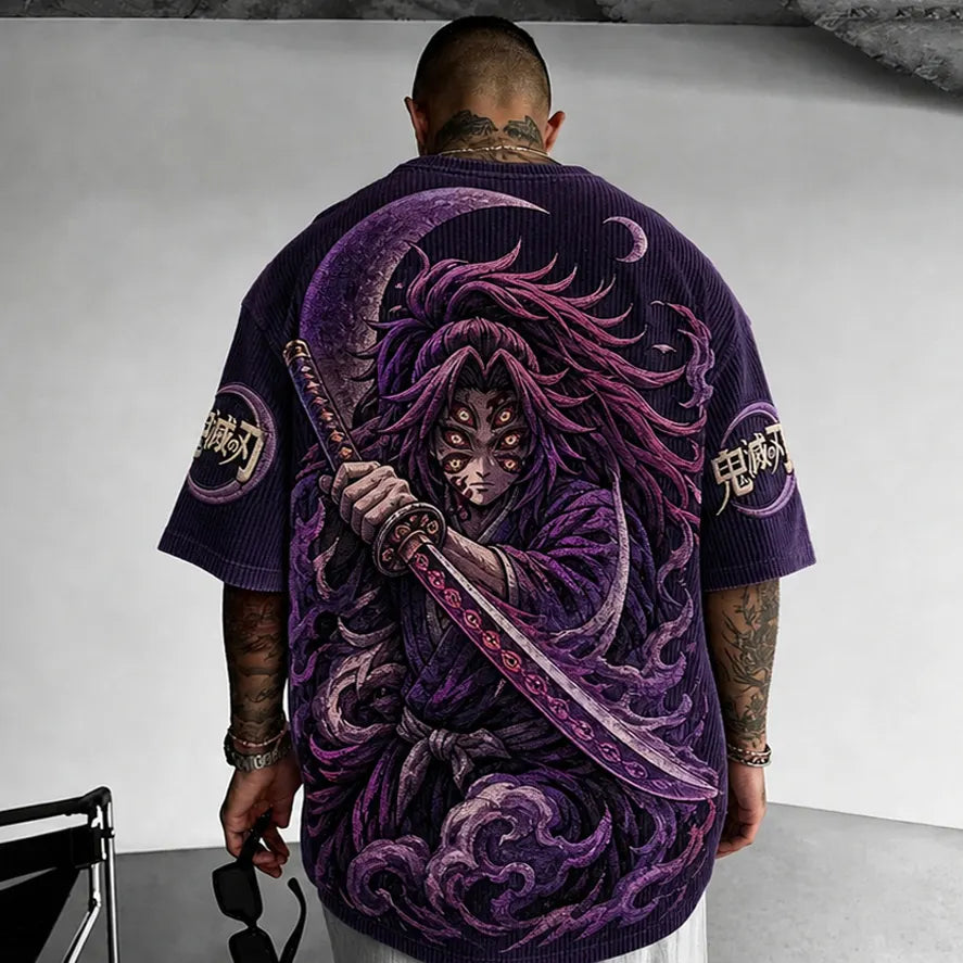 Demon Slayer Unisex Oversized Anime-Print Vertical-Stripe Short-Sleeve T-Shirt