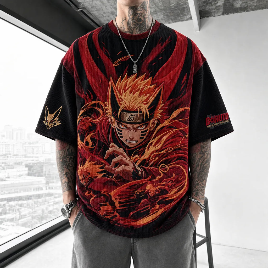 Naruto Unisex Oversized Anime-Print Vertical-Stripe Short-Sleeve T-Shirt