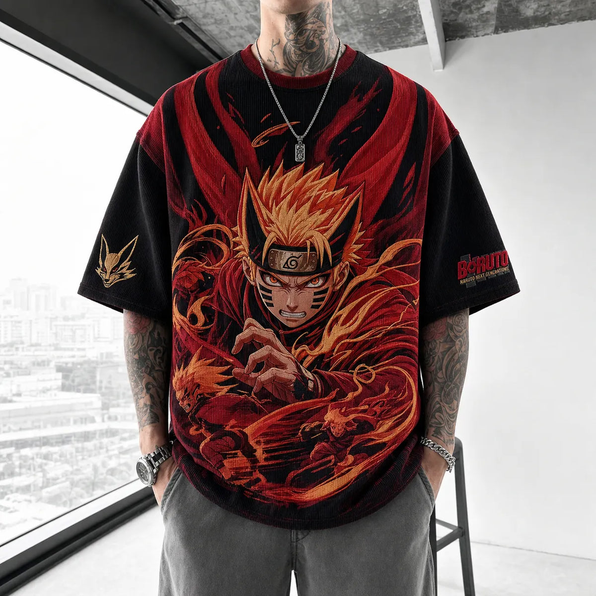 Naruto Unisex Oversized Anime-Print Vertical-Stripe Short-Sleeve T-Shirt