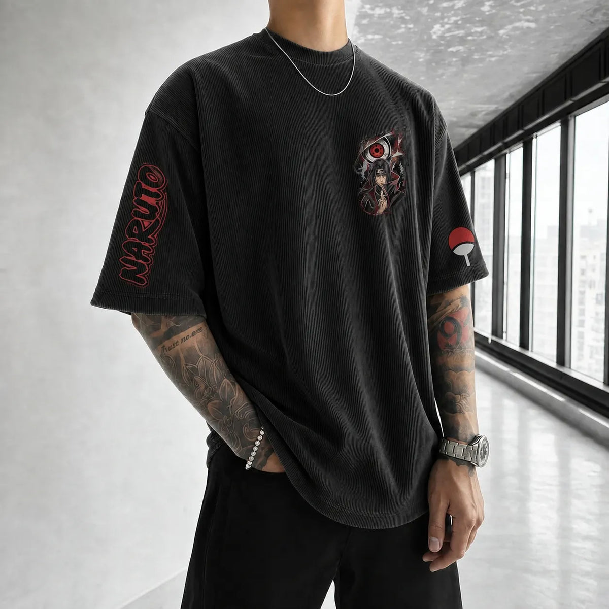 Naruto Unisex Anime-Style Retro Corduroy Oversized T-Shirt