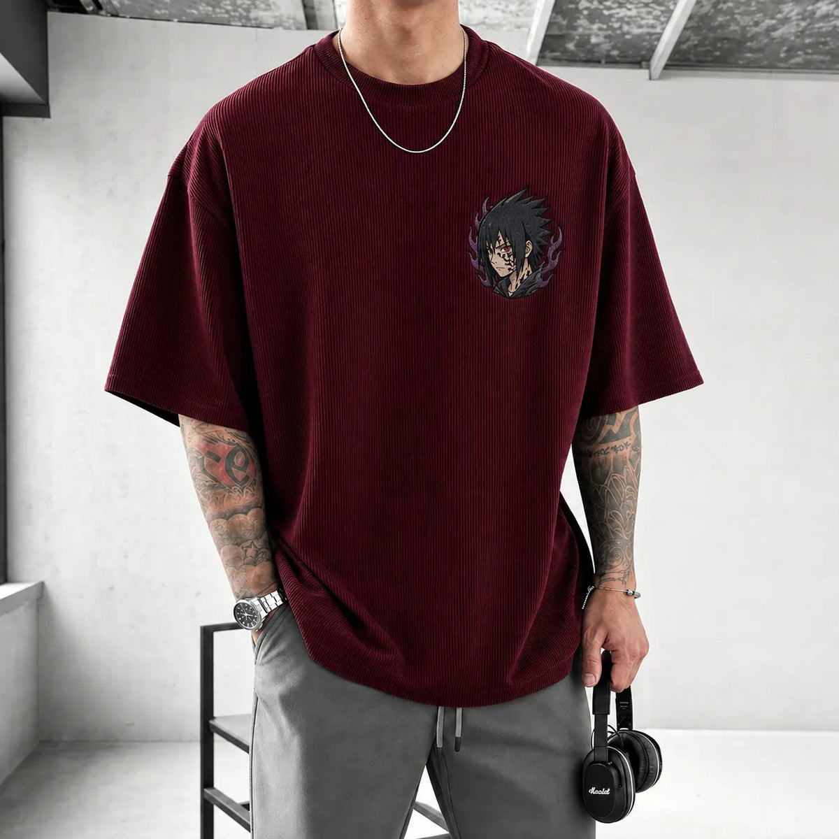 Naruto Unisex Oversized Anime-Print Vertical-Stripe Short-Sleeve T-Shirt