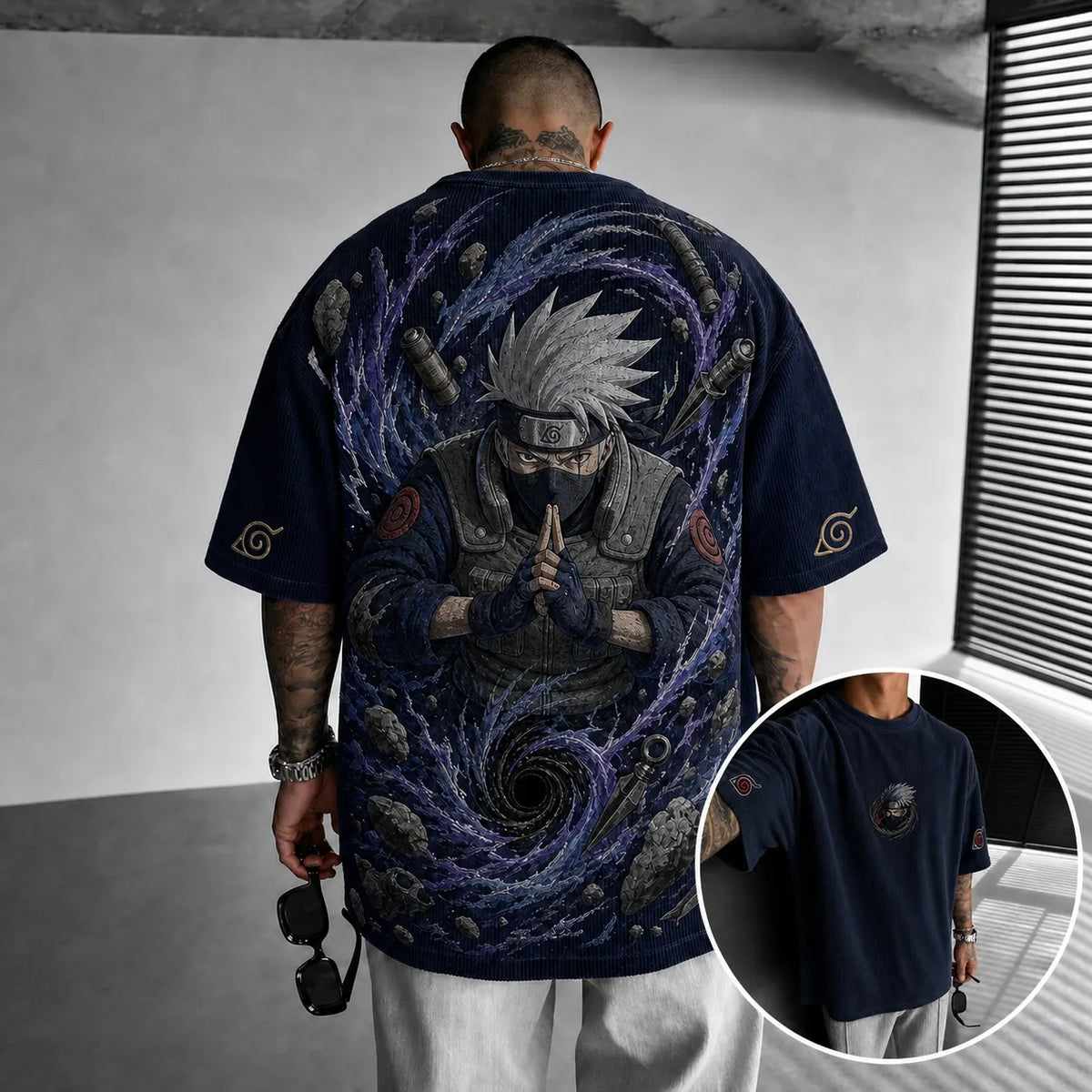 Naruto Unisex Oversized Anime-Print Vertical-Stripe Short-Sleeve T-Shirt