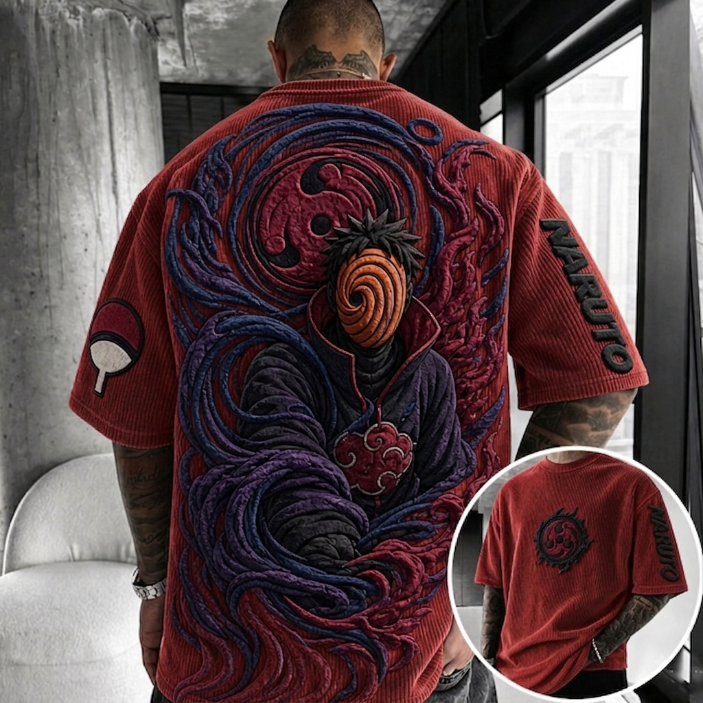 Naruto Unisex Anime-Style Retro Corduroy Oversized T-Shirt