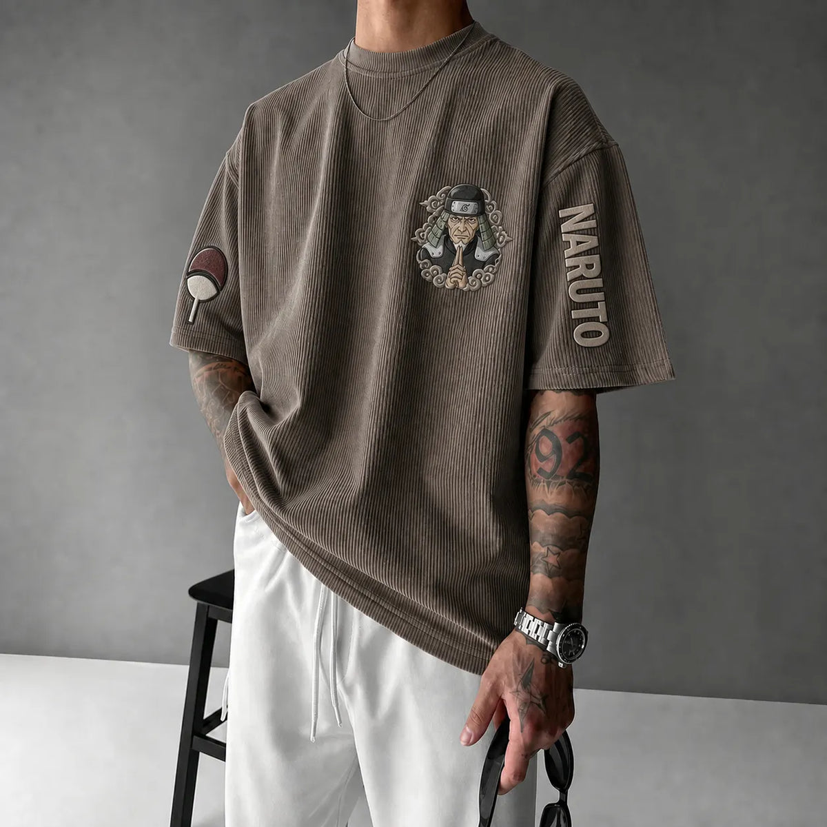 Naruto Unisex Anime-Style Retro Corduroy Oversized T-Shirt
