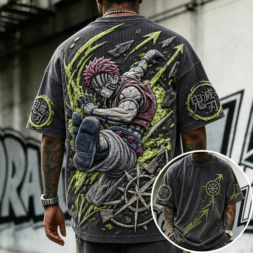 Demon Slayer Unisex Oversized Anime-Print Vertical-Stripe Short-Sleeve T-Shirt