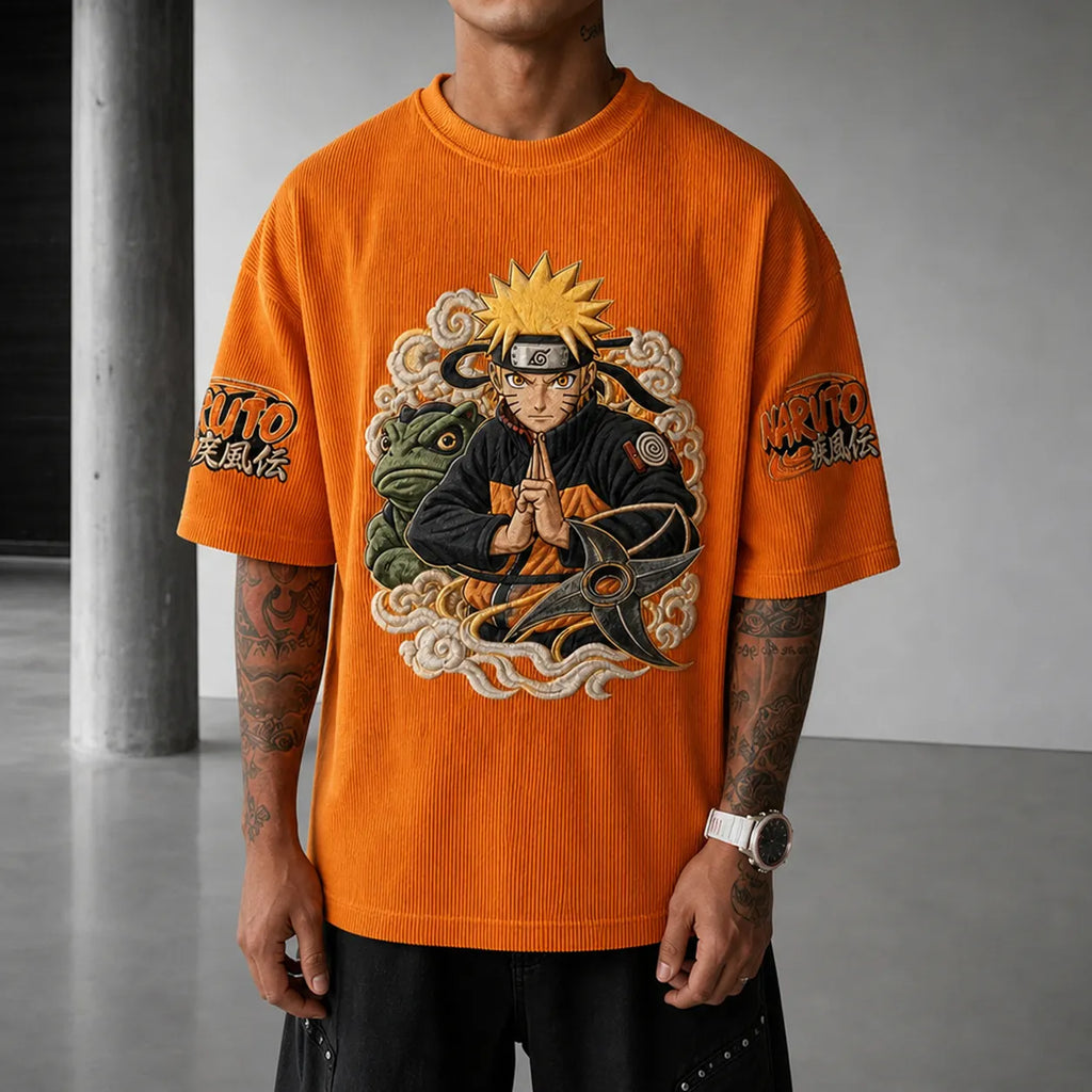 Naruto Unisex Oversized Anime-Print Vertical-Stripe Short-Sleeve T-Shirt