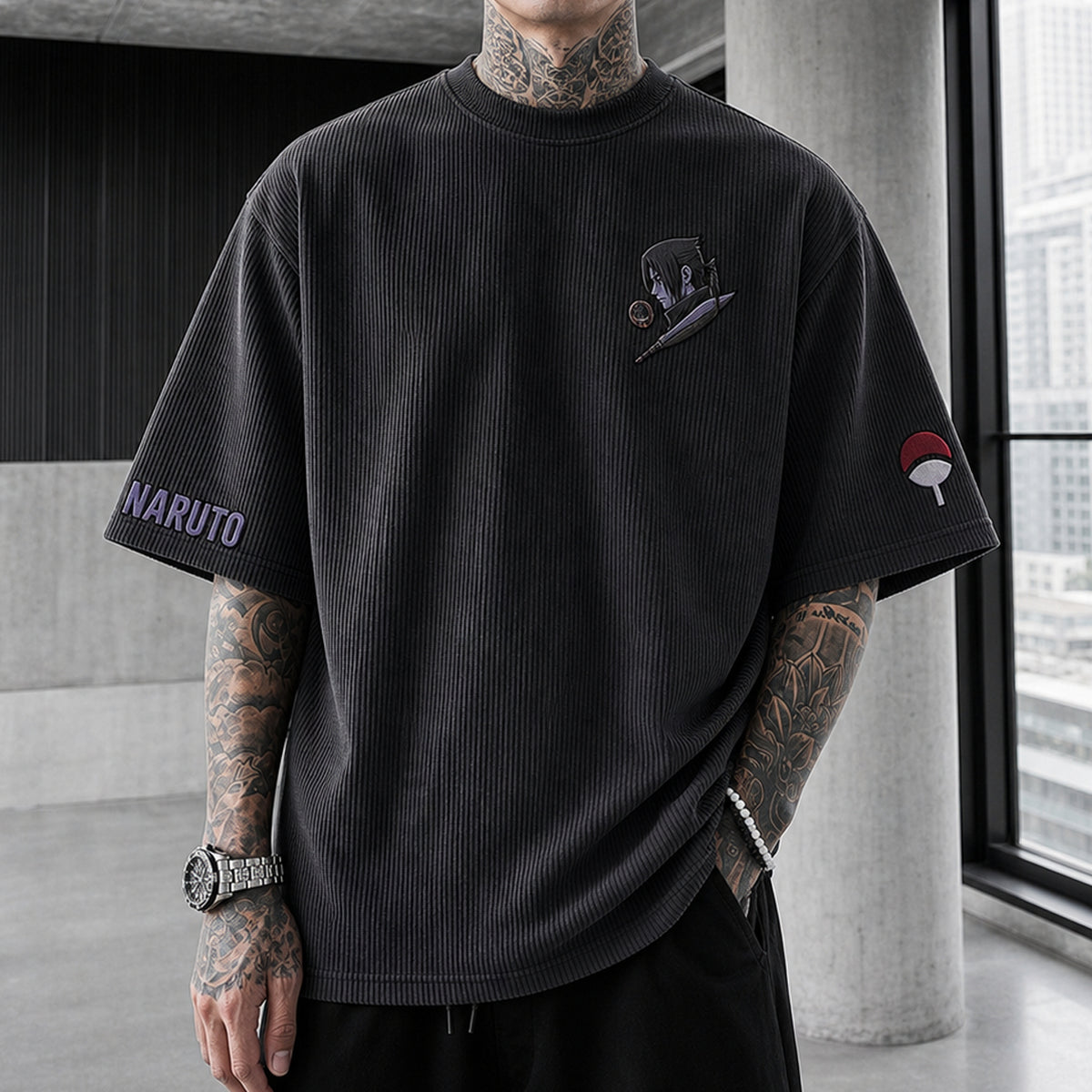 Naruto Unisex Anime-Style Retro Corduroy Oversized T-Shirt