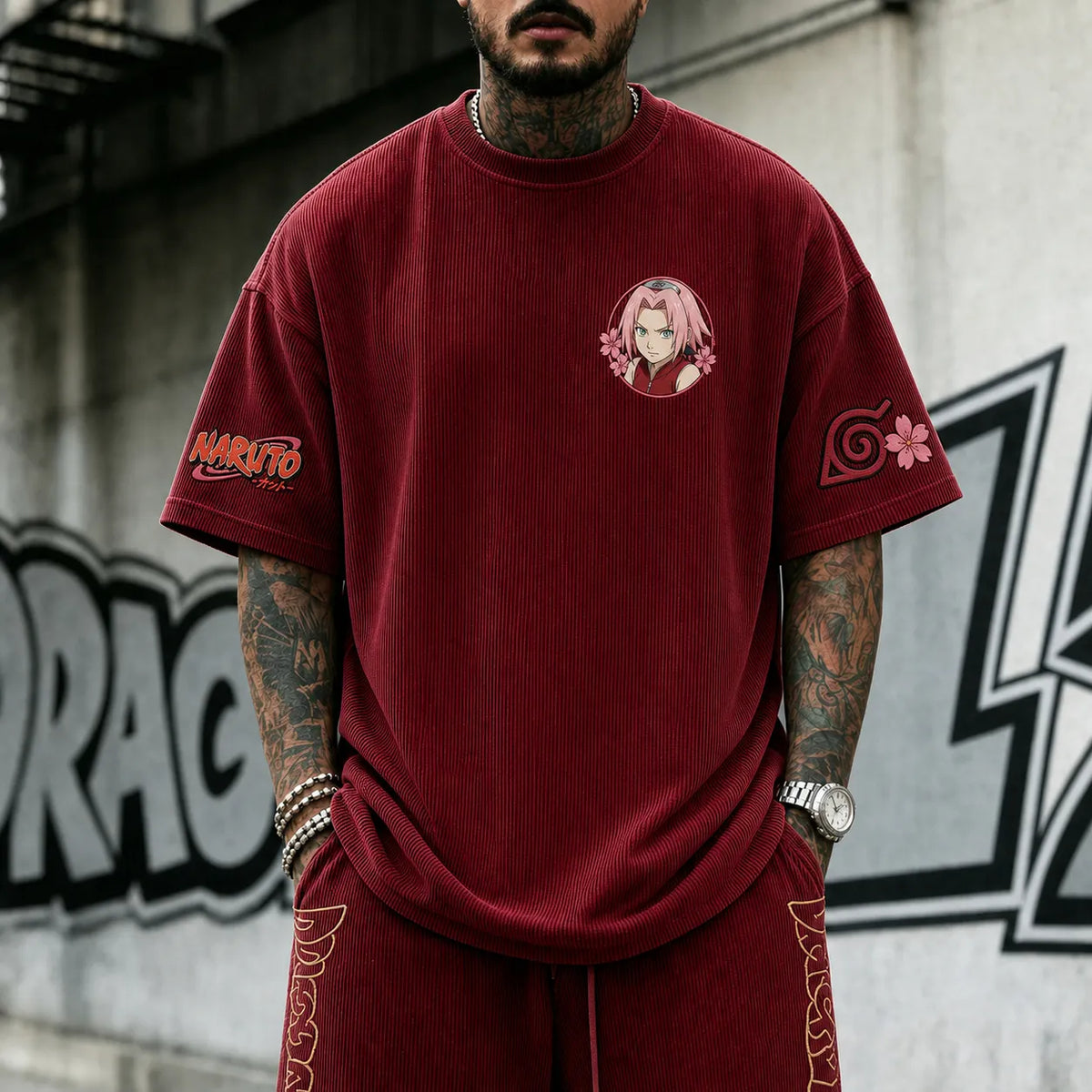 Naruto Unisex Anime-Style Retro Corduroy Oversized T-Shirt