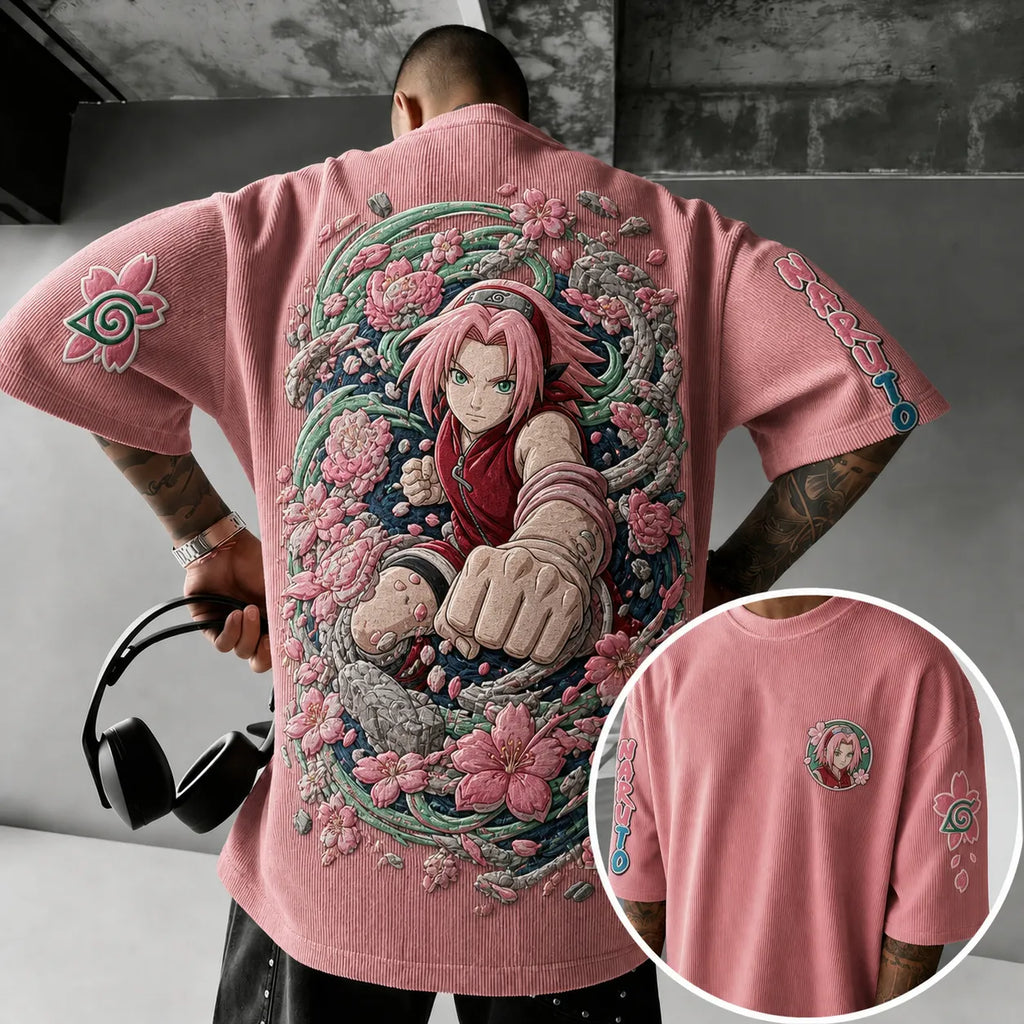 Naruto Unisex Anime-Style Retro Corduroy Oversized T-Shirt