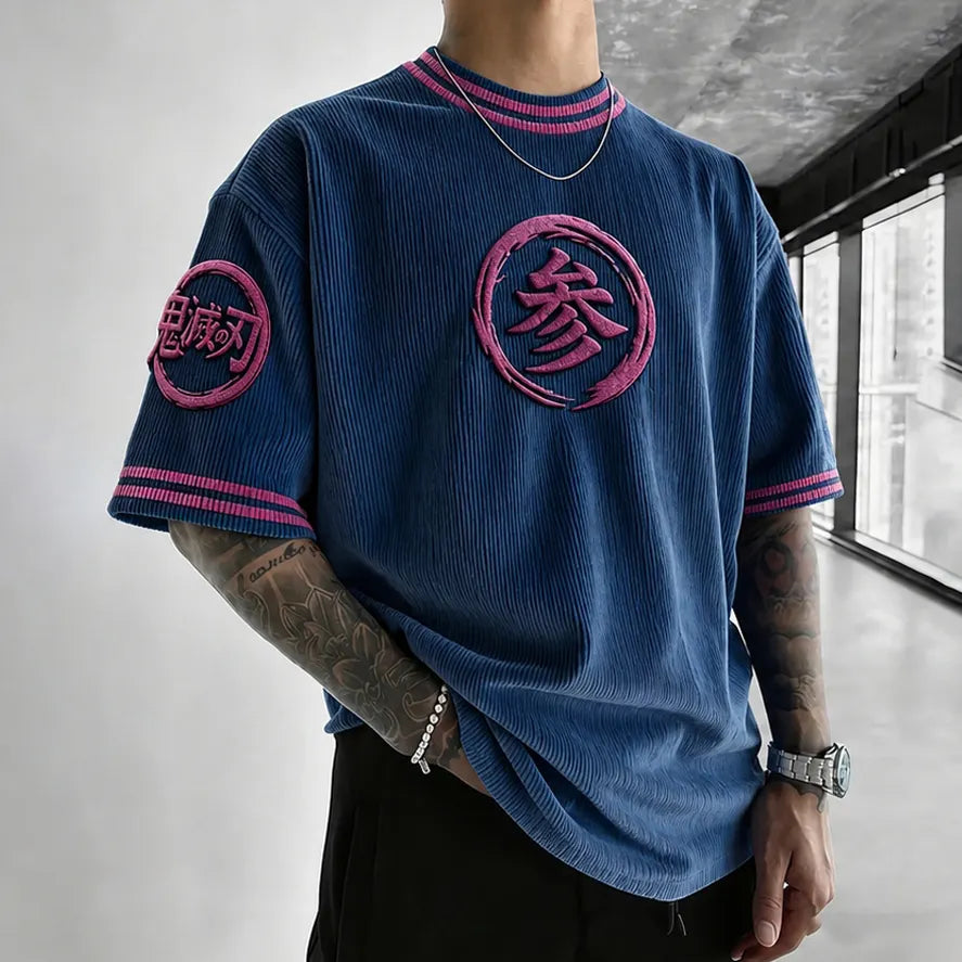 Demon Slayer Unisex Oversized Anime-Print Vertical-Stripe Short-Sleeve T-Shirt