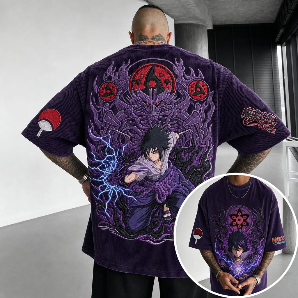 Naruto Unisex Oversized Anime-Print Vertical-Stripe Short-Sleeve T-Shirt