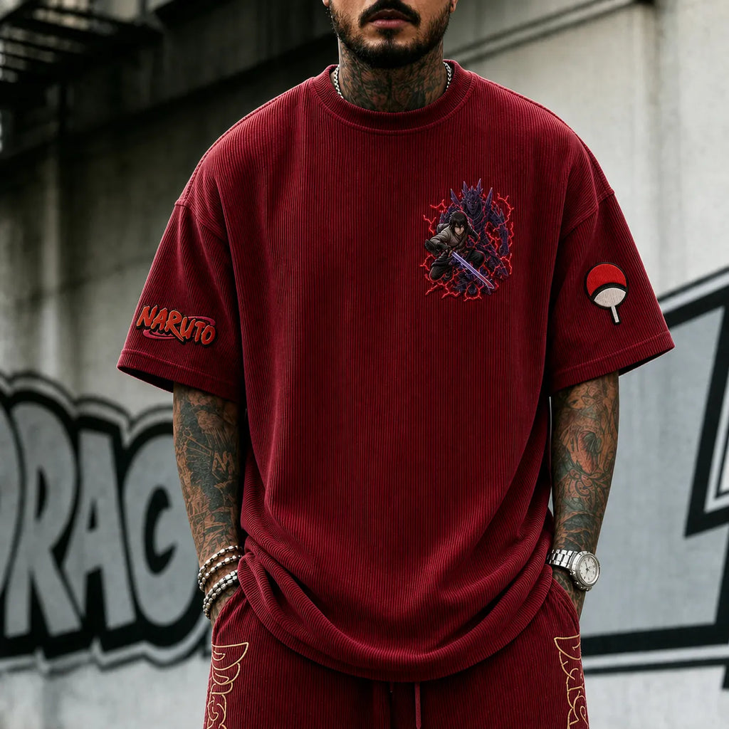 Naruto Unisex Anime-Style Retro Corduroy Oversized T-Shirt