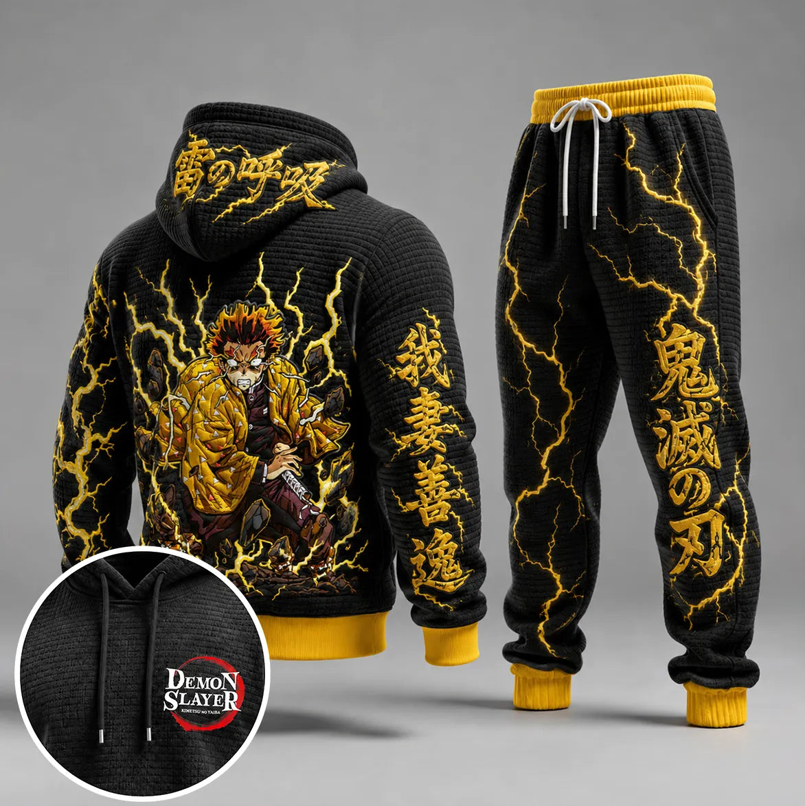 Demon Slayer Vintage Anime Print Long Sleeve Drawstring Tracksuit Hoodie Set