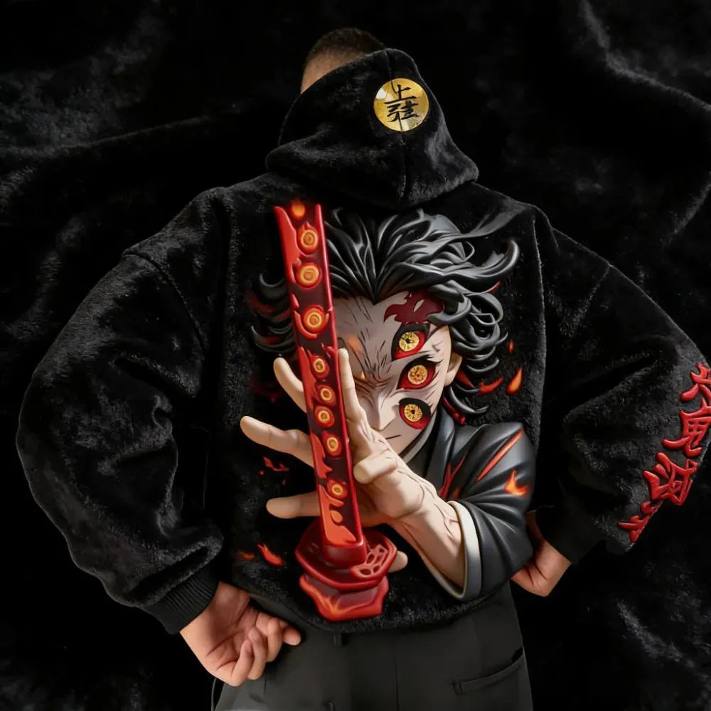 Demon Slayer Color-blocked Corduroy Hooded Sweatshirt