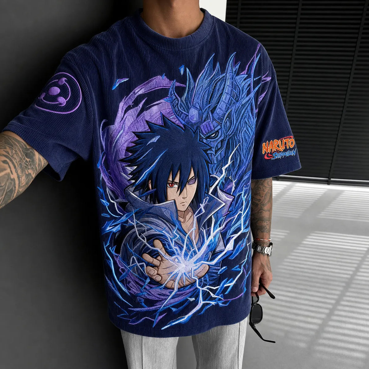 Naruto Unisex Oversized Anime-Print Vertical-Stripe Short-Sleeve T-Shirt