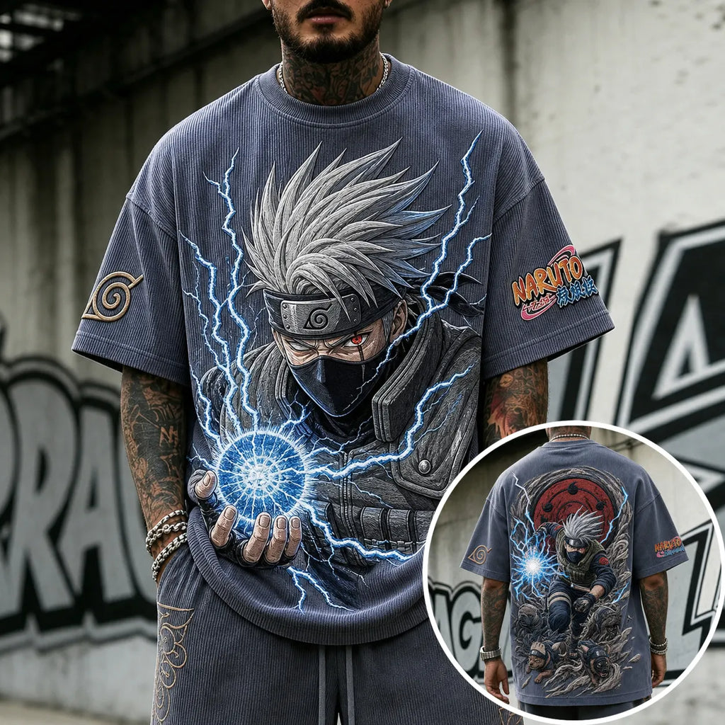 Naruto Unisex Oversized Anime-Print Vertical-Stripe Short-Sleeve T-Shirt