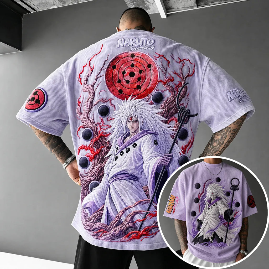 Naruto Unisex Oversized Anime-Print Vertical-Stripe Short-Sleeve T-Shirt