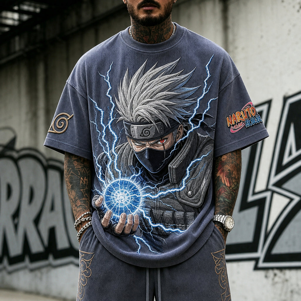 Naruto Unisex Oversized Anime-Print Vertical-Stripe Short-Sleeve T-Shirt