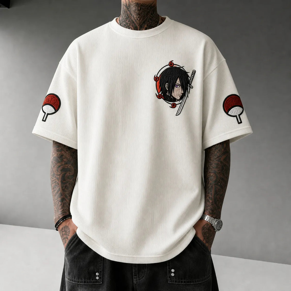 Naruto Unisex Oversized Anime-Print Vertical-Stripe Short-Sleeve T-Shirt