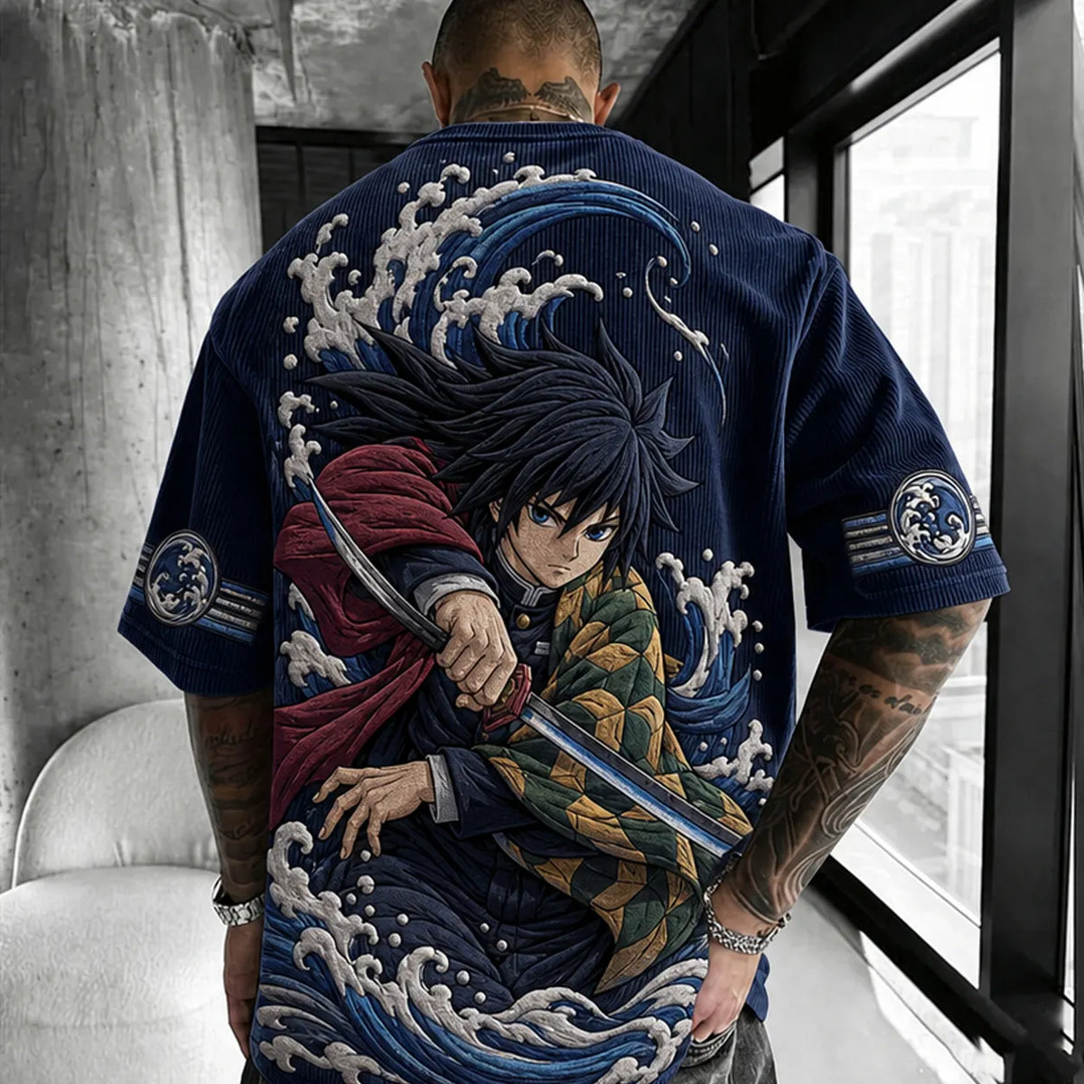 Demon Slayer Unisex Anime-Style Retro Corduroy Oversized T-Shirt