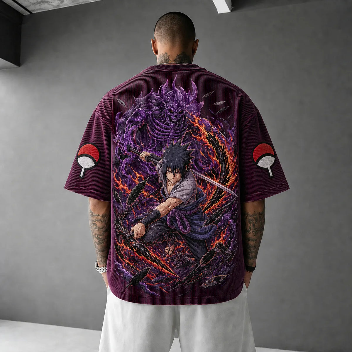 Naruto Unisex Oversized Anime-Print Vertical-Stripe Short-Sleeve T-Shirt