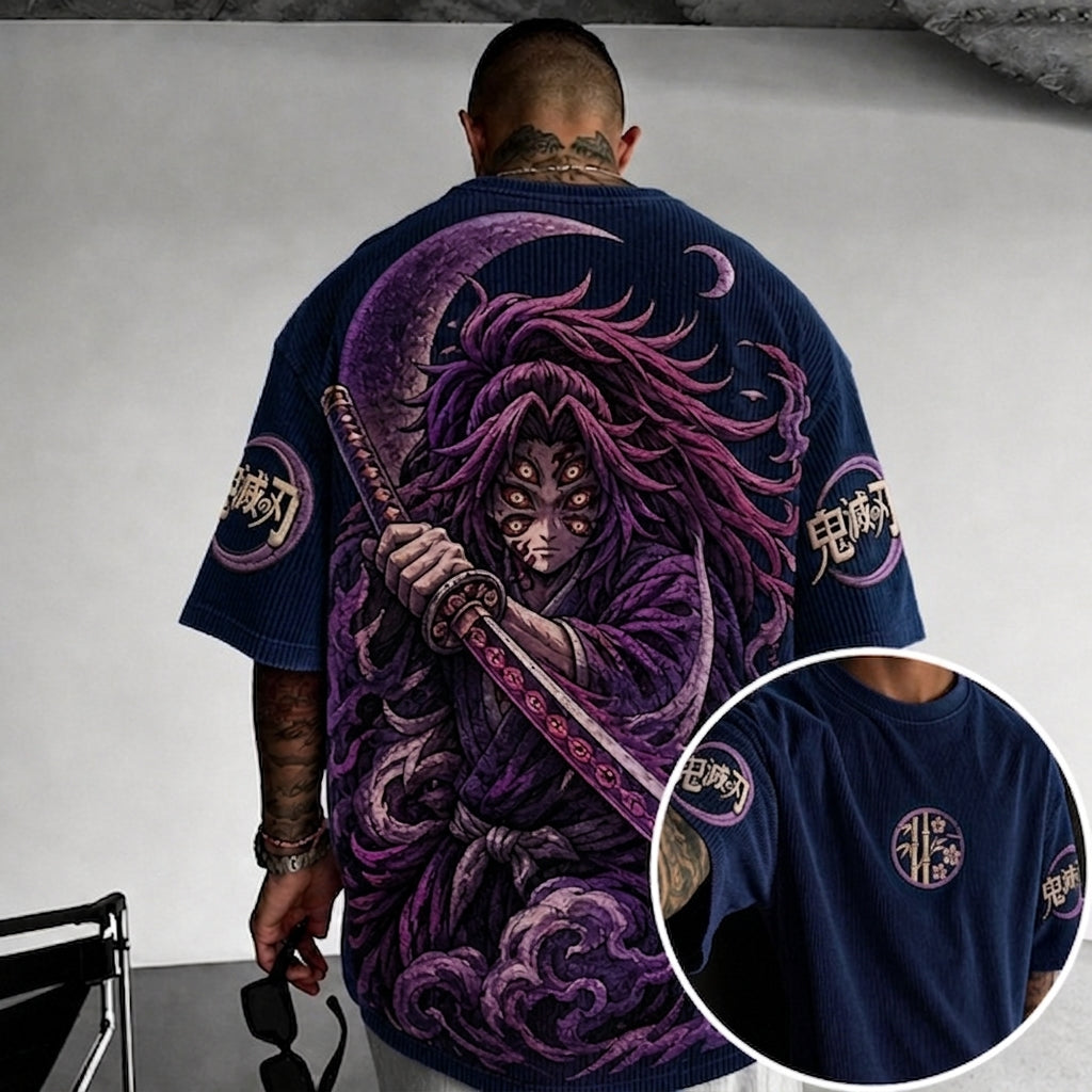 Demon Slayer Unisex Oversized Anime-Print Vertical-Stripe Short-Sleeve T-Shirt