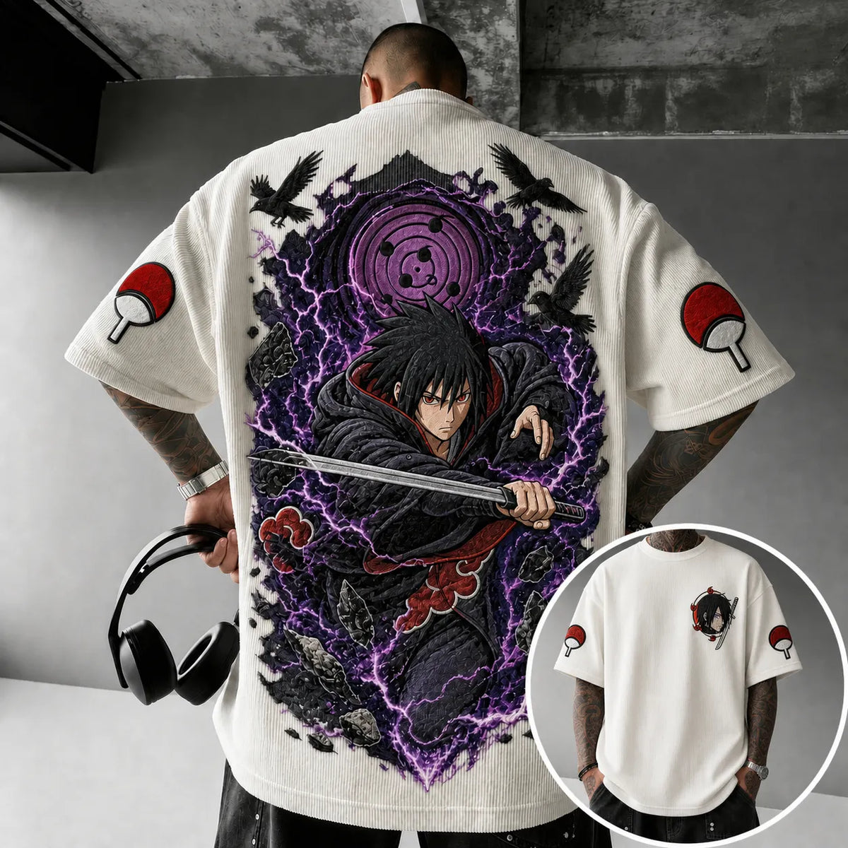 Naruto Unisex Oversized Anime-Print Vertical-Stripe Short-Sleeve T-Shirt