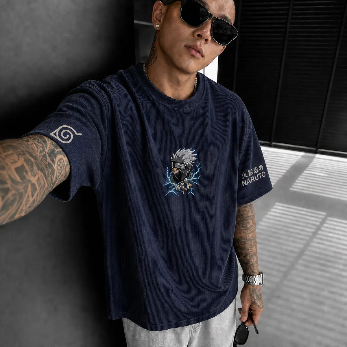 Naruto Unisex Anime-Style Retro Corduroy Oversized T-Shirt